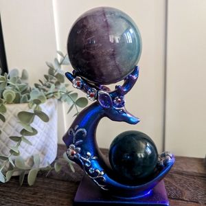 Purple blue aura deer sphere holder with 2 florite spheres